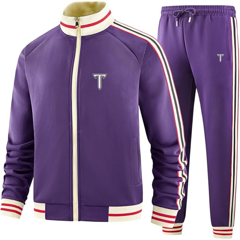 Men's Troy Trojans Two Piece Designer Tracksuit with Bold Striped Accents and Zippered Front Elevated Athletic Wear